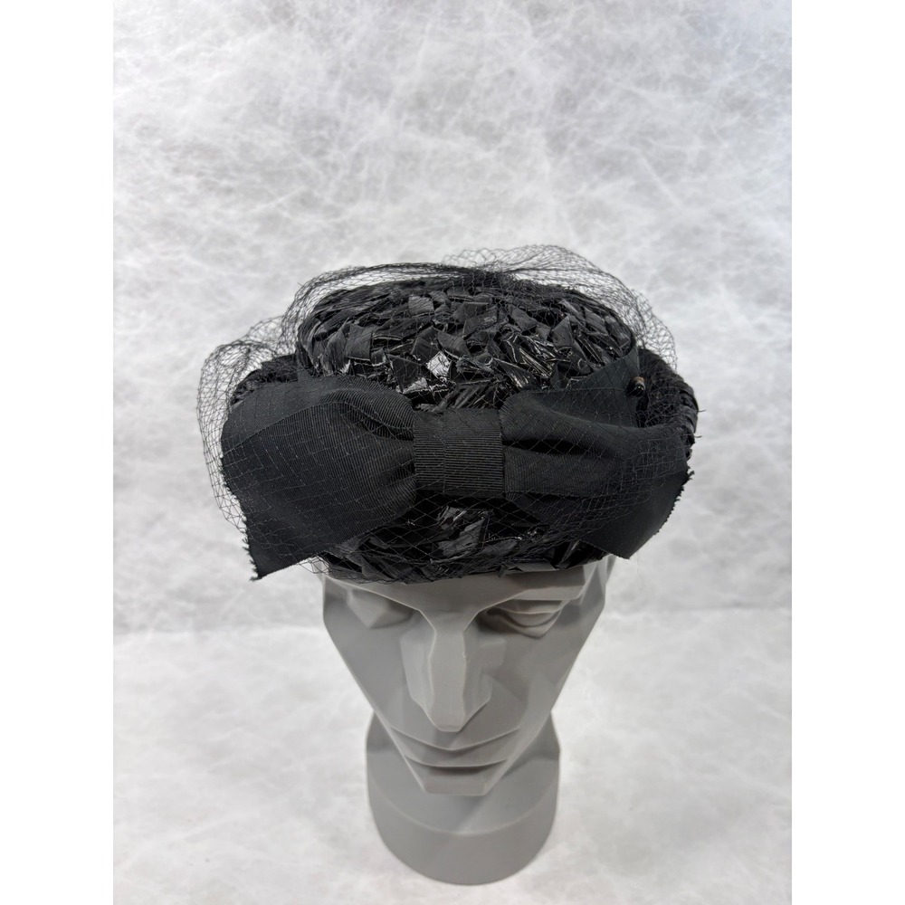 Vintage Black Cellophane Straw Pillbox Hat Birdcage Veil Grosgrain Bow Union